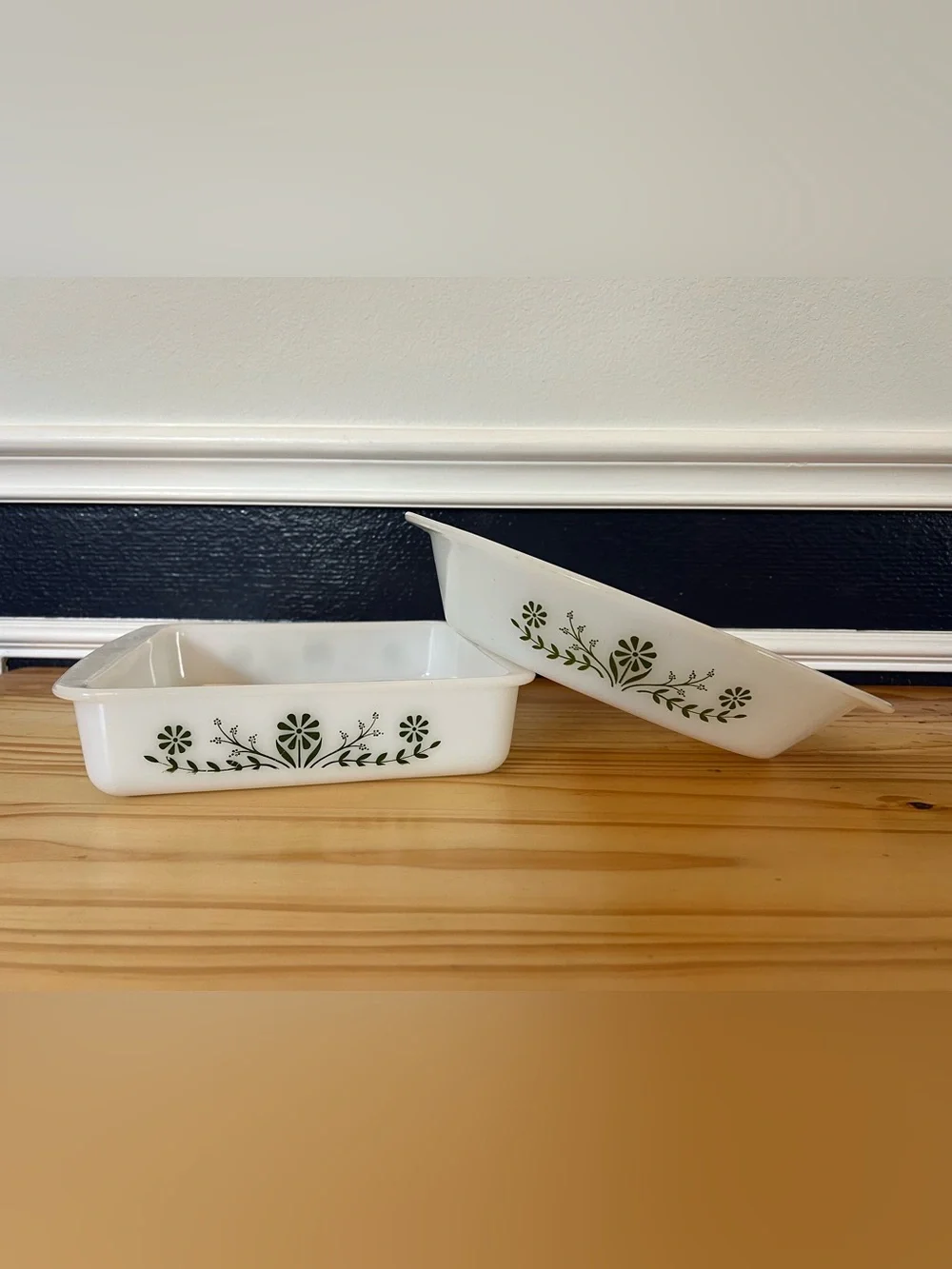 Vintage Glasbake Green Daisy Print Set of Two Baking Serving Dishes
